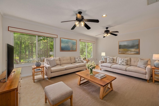 1144 Lanyard St, Palm Harbor, FL 34685 - living room with ceiling fan, recessed lighting, light tile patterned floors, visible vents, and ornamental molding