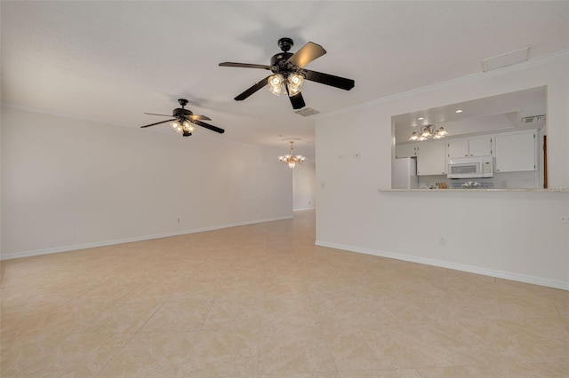 1144 Lanyard St, Palm Harbor, FL 34685 - unfurnished living room with baseboards, ornamental molding, ceiling fan with notable chandelier, and visible vents