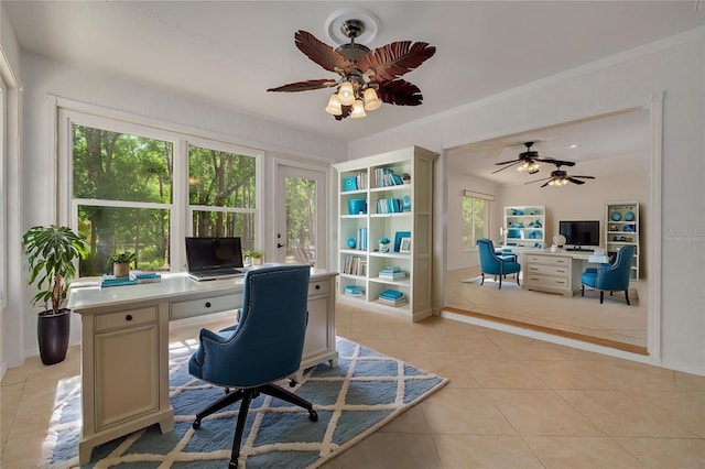 1144 Lanyard St, Palm Harbor, FL 34685 - office area with baseboards, a ceiling fan, and light tile patterned flooring
