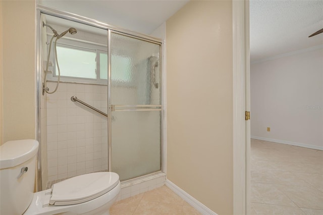 1144 Lanyard St, Palm Harbor, FL 34685 - full bath with tile patterned flooring, crown molding, toilet, and a shower stall