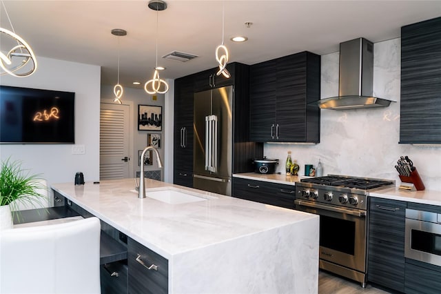 kitchen featuring dark cabinets, a sink, wall chimney exhaust hood, premium appliances, and visible vents