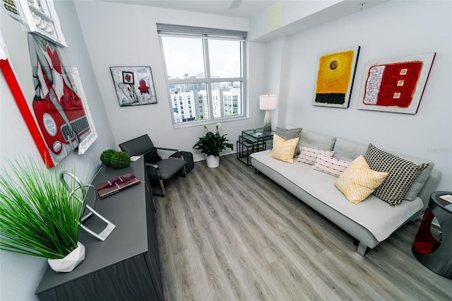 living room featuring wood finished floors and baseboards