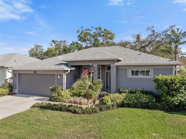 708 Sandy Hills Ave, Tarpon Springs, FL 34689 - ranch-style house featuring a garage, stucco siding, a front yard, driveway, and a shingled roof