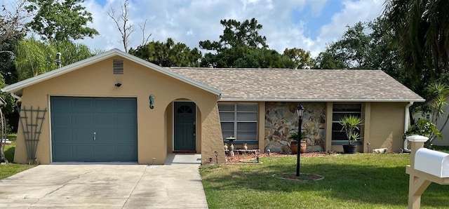 8317 Needles Dr, Hudson, FL 34667 - view of front of property with a front lawn, driveway, stucco siding, stone siding, and a shingled roof