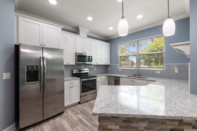 11442 Crowned Sparrow Ln, Tampa, FL 33626 - kitchen featuring white cabinets, a sink, appliances with stainless steel finishes, ornamental molding, and a peninsula