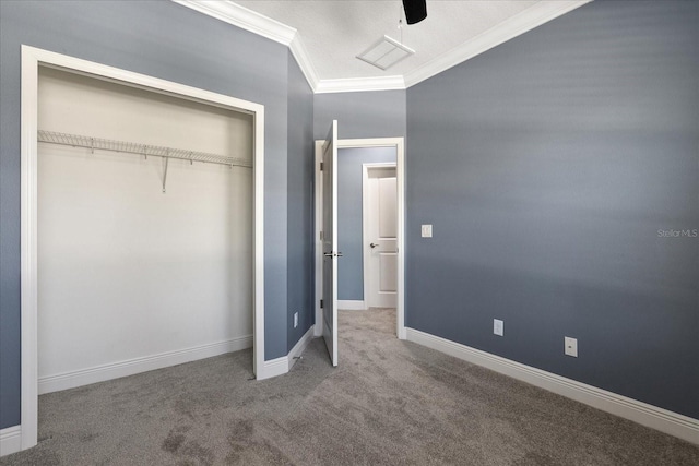 11442 Crowned Sparrow Ln, Tampa, FL 33626 - unfurnished bedroom with a closet, ceiling fan, carpet, baseboards, and ornamental molding
