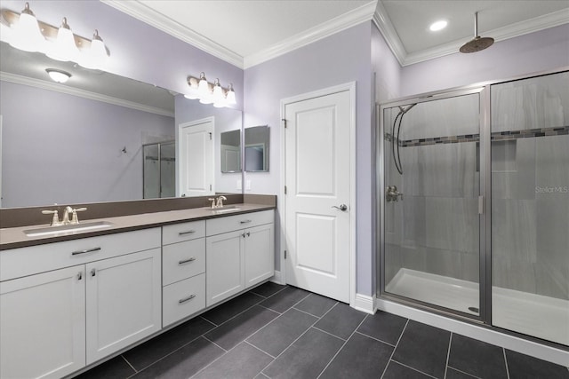 11442 Crowned Sparrow Ln, Tampa, FL 33626 - bathroom with tile patterned floors, a shower stall, crown molding, and a sink