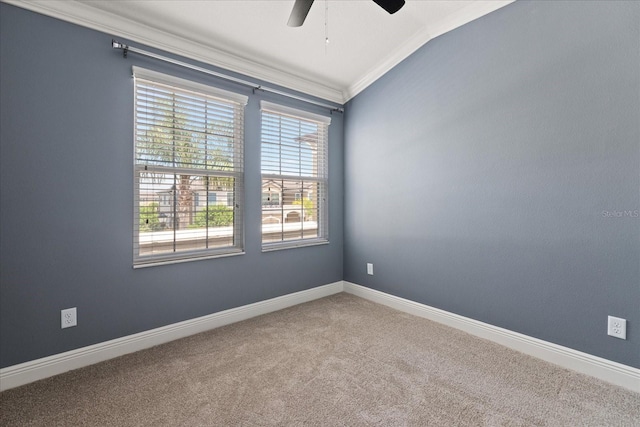 11442 Crowned Sparrow Ln, Tampa, FL 33626 - carpeted empty room with ceiling fan, ornamental molding, vaulted ceiling, and baseboards