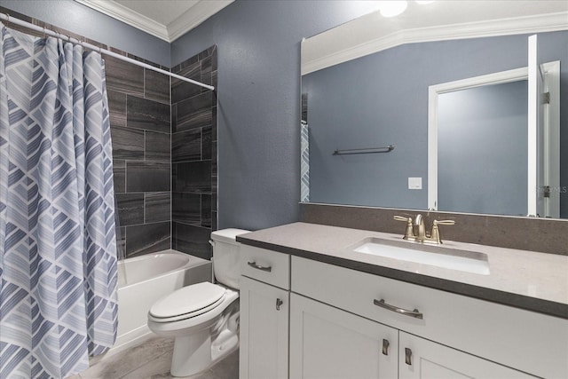 11442 Crowned Sparrow Ln, Tampa, FL 33626 - bathroom featuring toilet, a textured wall, vanity, shower / tub combo with curtain, and crown molding