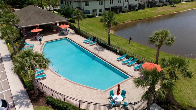 11442 Crowned Sparrow Ln, Tampa, FL 33626 - pool with fence, a gazebo, a water view, and a patio