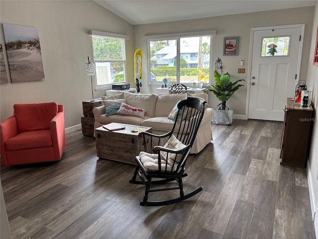 1165 Falcon Dr, Dunedin, FL 34698 - living area with lofted ceiling, dark wood finished floors, and baseboards