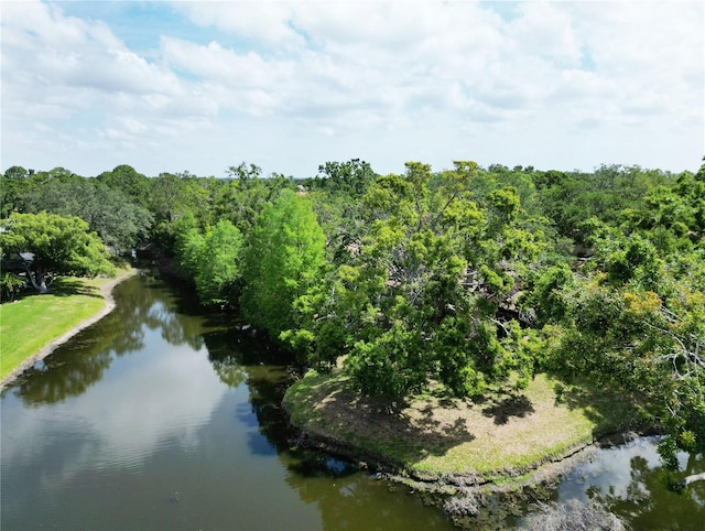 aerial view featuring a wooded view