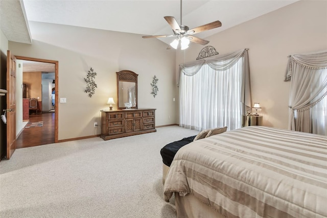 2914 Timber Knoll Dr, Valrico, FL 33596 - bedroom featuring carpet, vaulted ceiling, access to outside, and a ceiling fan