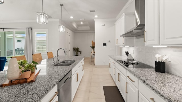 kitchen featuring dishwasher, a sink, crown molding, wall chimney range hood, and black electric stovetop
