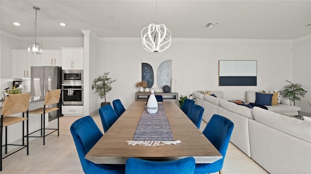 dining area with recessed lighting, visible vents, an inviting chandelier, and crown molding