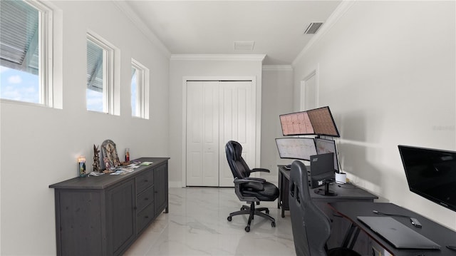 home office with visible vents, marble finish floor, and ornamental molding