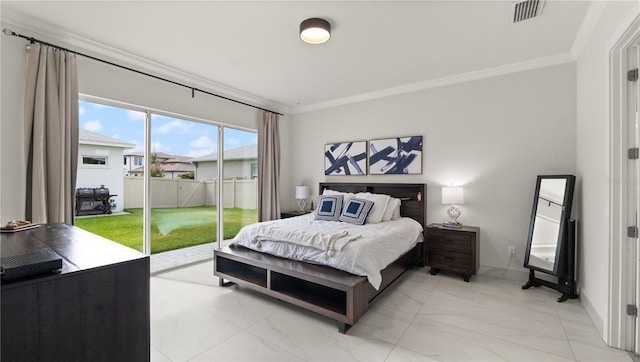 bedroom featuring marble finish floor, ornamental molding, visible vents, and access to exterior