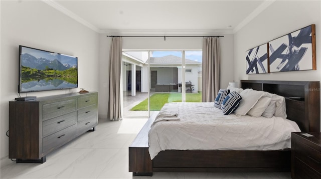 bedroom with marble finish floor, access to outside, and crown molding