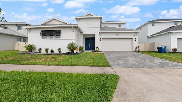 view of front of property featuring fence, decorative driveway, an attached garage, stucco siding, and a front yard