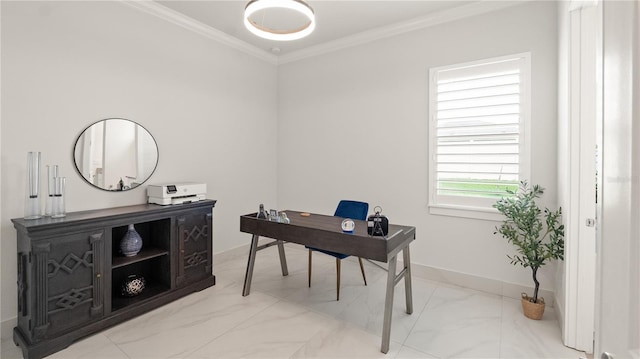 office space with crown molding, marble finish floor, and baseboards