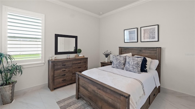 bedroom featuring crown molding, marble finish floor, and baseboards