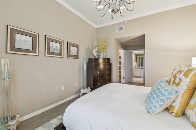 504 S Armenia Ave Unit 1338, Tampa, FL 33609 - carpeted bedroom with an inviting chandelier, visible vents, crown molding, and baseboards
