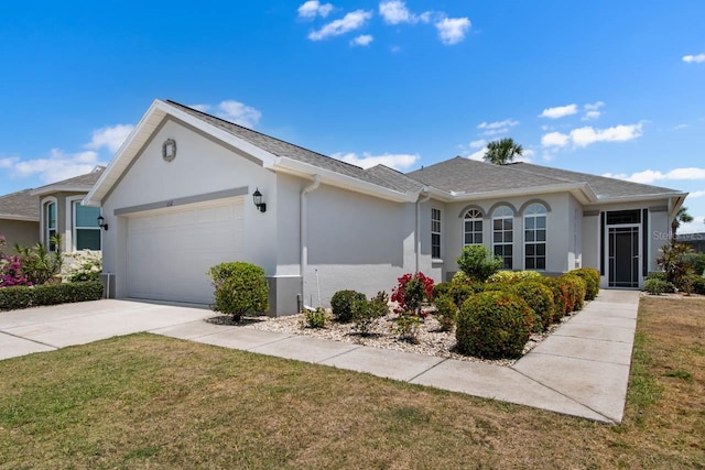 single story home with an attached garage, concrete driveway, a front lawn, and stucco siding