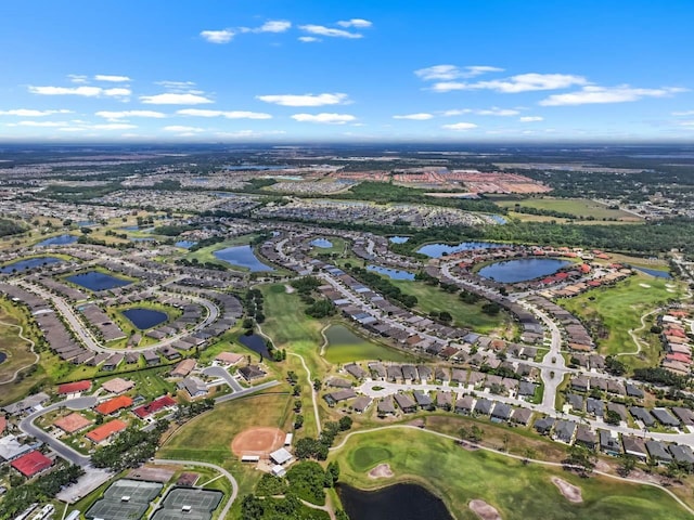 bird's eye view with a residential view, a water view, and view of golf course