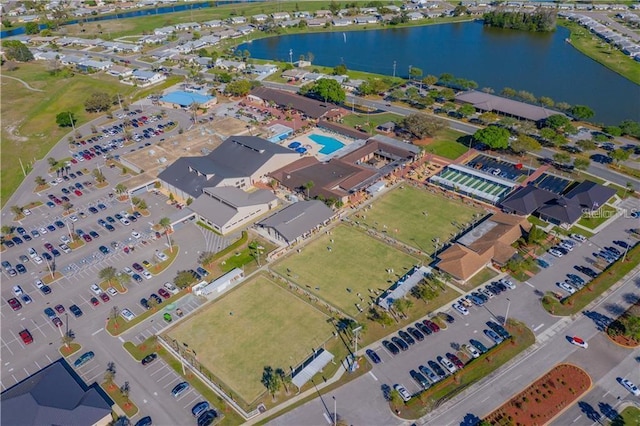 bird's eye view with a water view