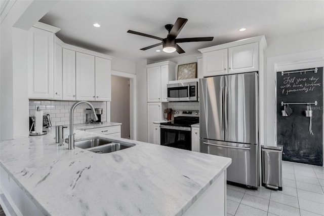 kitchen featuring a ceiling fan, a sink, a peninsula, appliances with stainless steel finishes, and white cabinetry