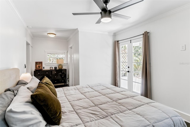 bedroom with ceiling fan, access to exterior, and ornamental molding