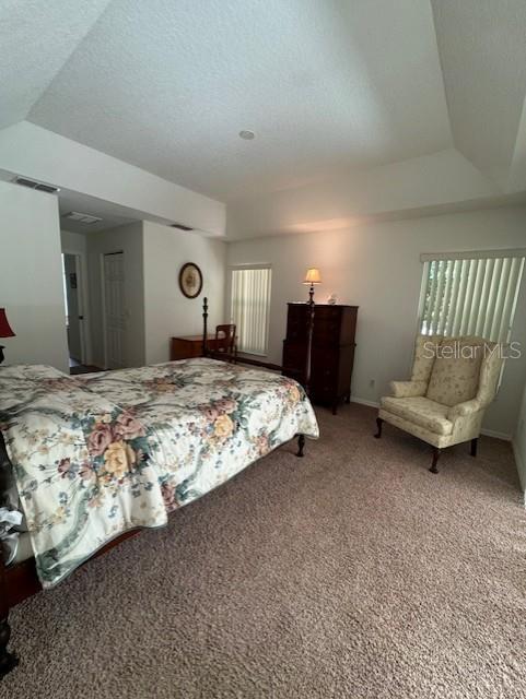 carpeted bedroom featuring visible vents, a raised ceiling, and baseboards