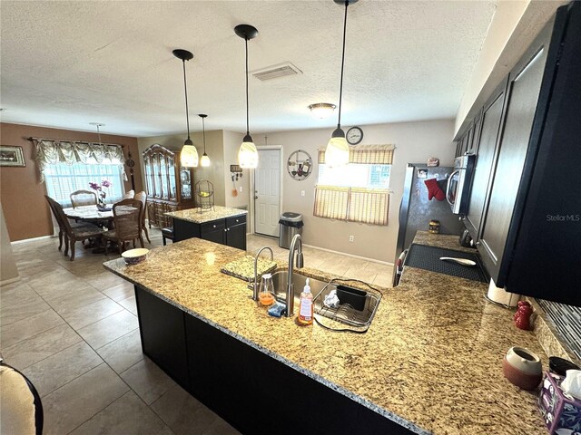13924 Pathfinder Dr, Tampa, FL 33625 - kitchen featuring plenty of natural light, a peninsula, a textured ceiling, light stone countertops, and pendant lighting