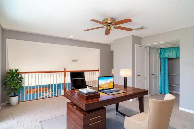 carpeted office space with baseboards, a ceiling fan, recessed lighting, and visible vents