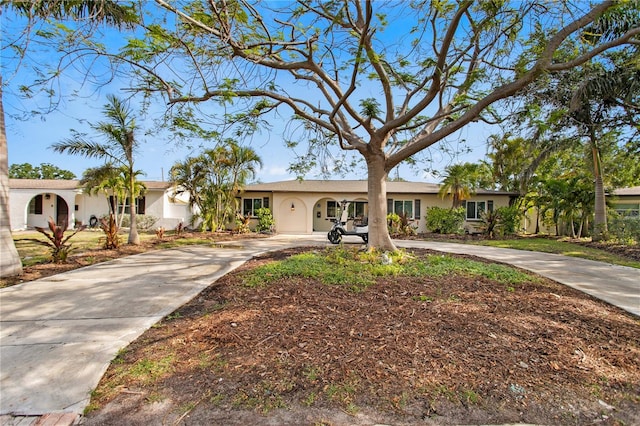 ranch-style home featuring stucco siding and curved driveway