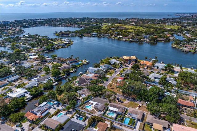 aerial view with a water view and a residential view