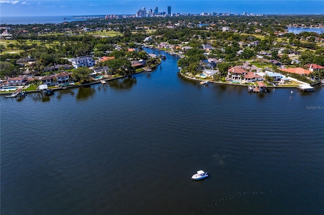 bird's eye view featuring a residential view, a city view, and a water view