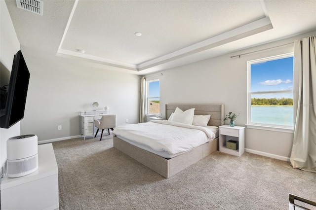 bedroom featuring visible vents, carpet, a raised ceiling, and multiple windows