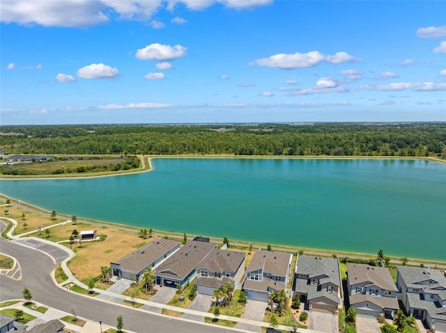 birds eye view of property with a forest view, a residential view, and a water view
