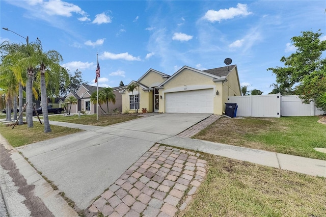 single story home featuring driveway, stucco siding, an attached garage, and a gate