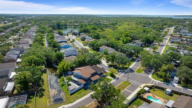 aerial view featuring a water view and a residential view