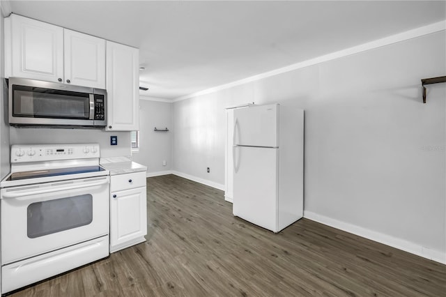 kitchen featuring white cabinetry, white appliances, and dark wood finished floors