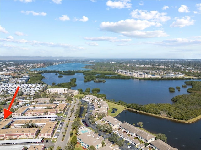 drone / aerial view with a water view