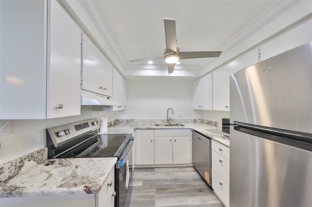 1301 Gulf Blvd Unit 107, Clearwater Beach, FL 33767 - kitchen with appliances with stainless steel finishes, a sink, under cabinet range hood, white cabinetry, and ornamental molding
