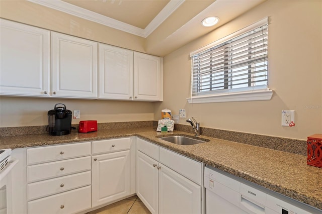 19417 Gulf Blvd Unit E217, Indian Rocks Beach, FL 33785 - kitchen with dishwasher, crown molding, white cabinetry, and a sink