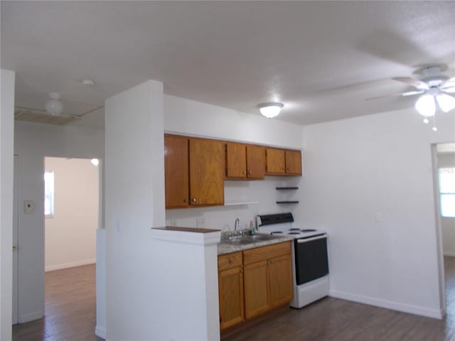 433 73rd Ave N, Saint Petersburg, FL 33702 - kitchen featuring white range with electric stovetop, a sink, brown cabinetry, ceiling fan, and dark wood-style floors