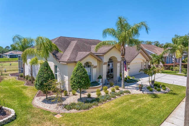 view of front of house featuring a front yard, stucco siding, driveway, and an attached garage