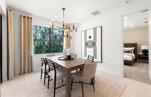 dining room featuring recessed lighting, visible vents, and an inviting chandelier