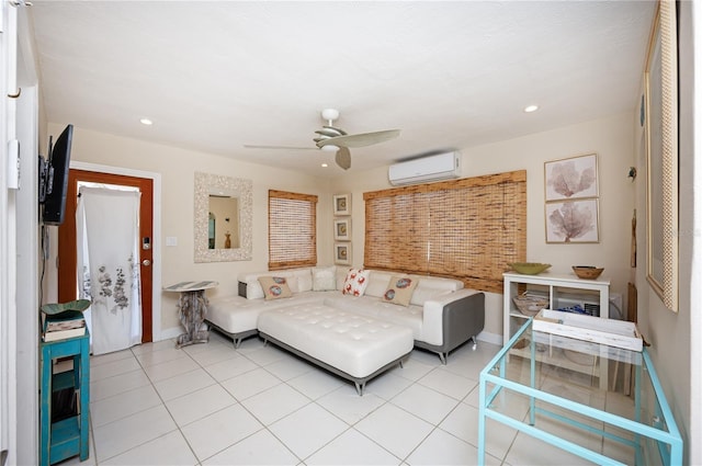 living area with recessed lighting, ceiling fan, a wall unit AC, and light tile patterned floors