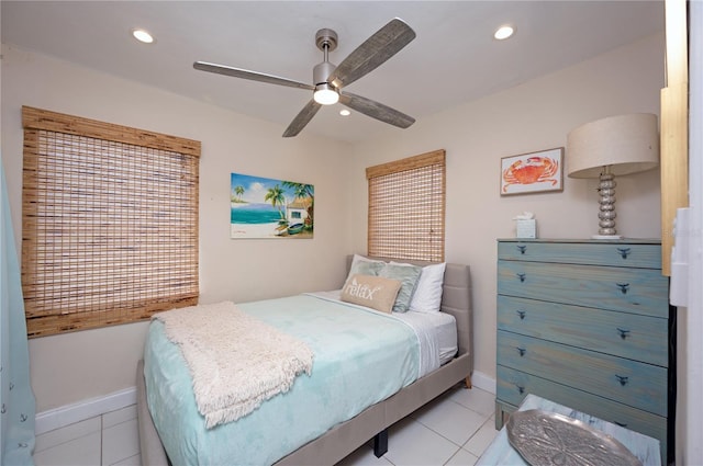 bedroom with recessed lighting, baseboards, a ceiling fan, and light tile patterned floors